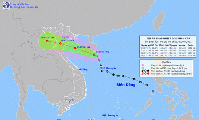 Vị trí và hướng di chuyển tiếp theo của áp thấp nhiệt đới. Ảnh: Trung tâm Dự báo KTTVQG.