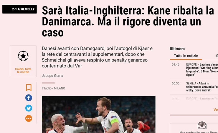 Tờ Gazzetta dello Sport viết Anh được hưởng quả penalty "hào phóng" ("generoso")