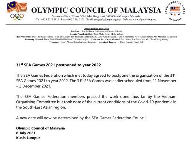 Thông báo chính thức hoãn SEA Games 31