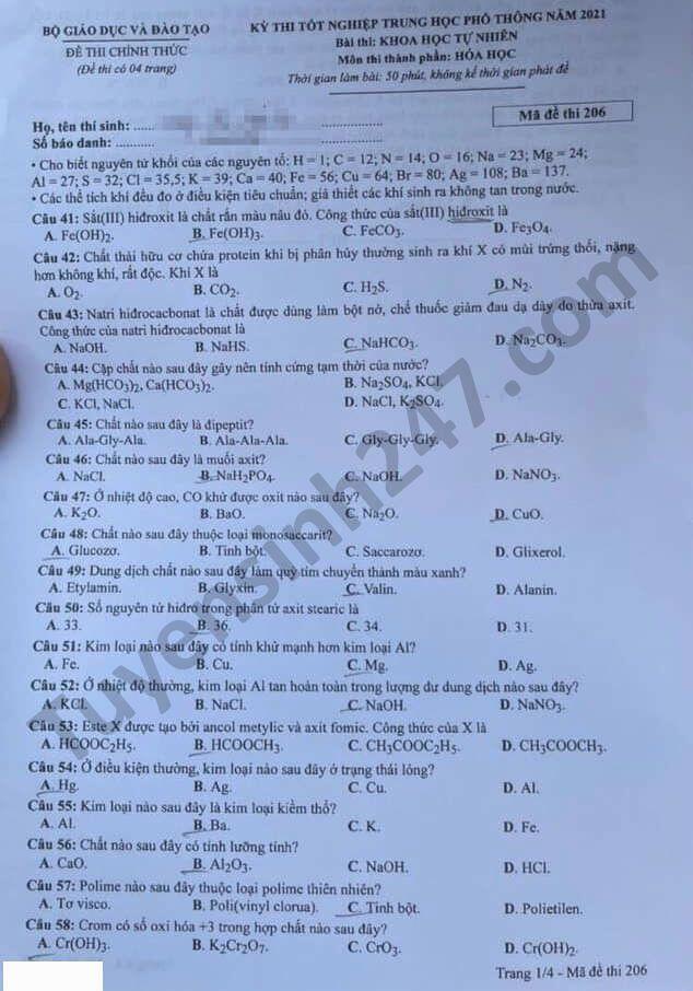 Đáp án môn Hóa học tốt nghiệp THPT 2021 tất cả 24 mã đề - 4