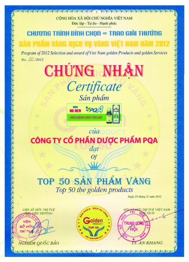 Sản phẩm Siro PQA vinh dự nằm trong top 50 sản phẩm vàng được Viện sở hữu trí tuệ trao tặng