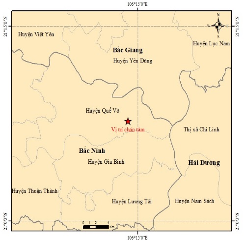 Động đất 3 độ richter xảy ra tại khu vực huyện Quế Võ (Bắc Ninh). Ảnh Viện vật lý địa cầu.