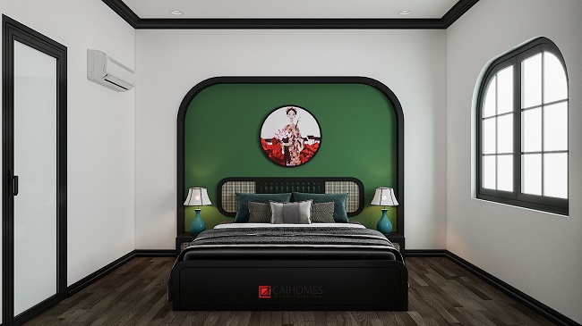 Phòng ngủ sử dụng tông xanh trắng, ốp gỗ màu ấm giúp không gian gần gũi, dễ chịu hơn.
