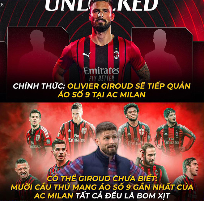 Giroud khoác lên mình số áo "hắc ám" tại AC Milan.