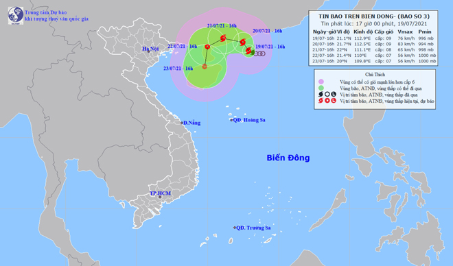 Vị trí và hướng di chuyển tiếp theo của bão số 3 Cempaka. Ảnh Trung tâm Dự báo KTTVQG.