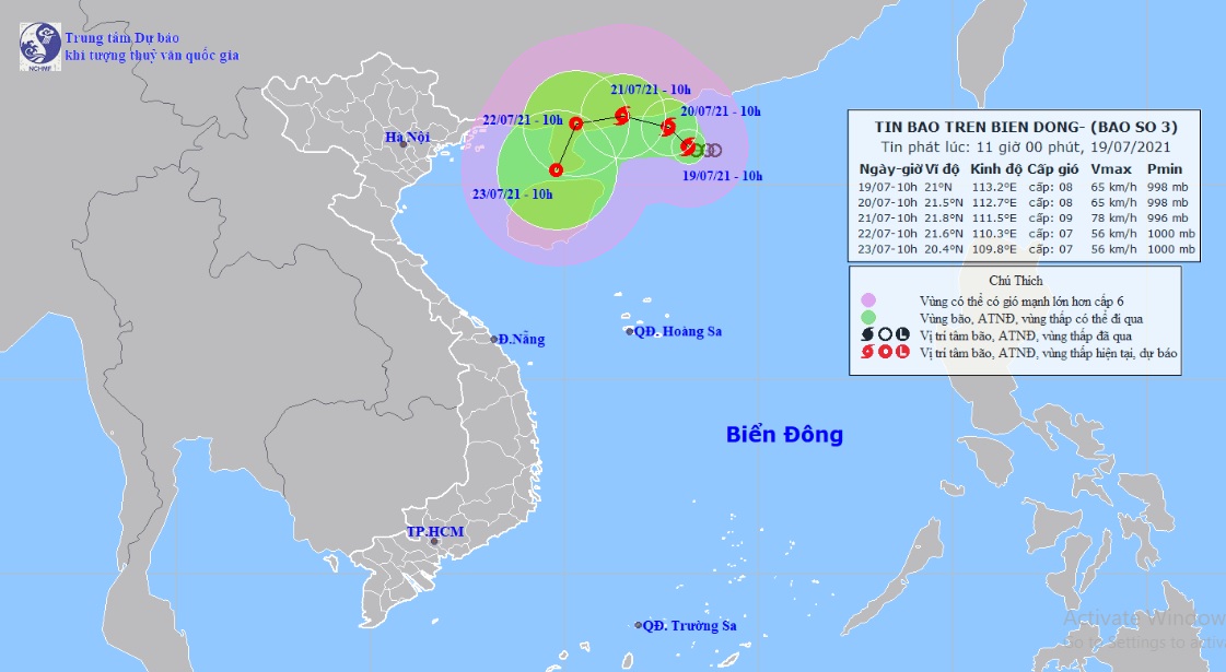 Vị trí và hướng di chuyển tiếp theo của bão số 3 – Cempaka. Ảnh: Trung tâm Dự báo KTTVQG.