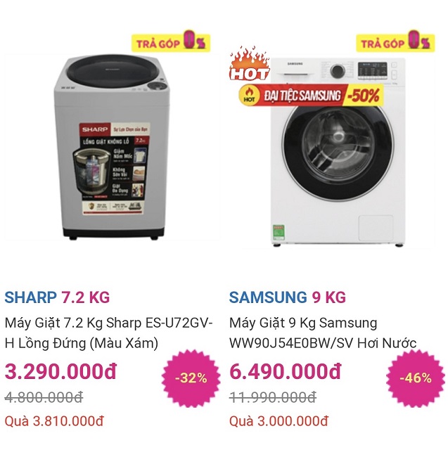 Nhiều chương trình ưu đãi giảm giá máy giặt được triển khai tại các siêu thị điện máy lớn. (Ảnh chụp màn hình).
