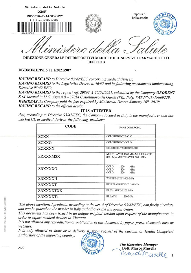 Orodent được Đại sứ quán Italia chứng nhận về nguồn gốc và chất lượng