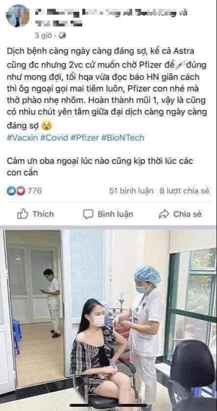 Hình ảnh cô gái trẻ khoe được tiêm vắc-xin do người thân "nhờ vả" được lan truyền trên mạng xã hội