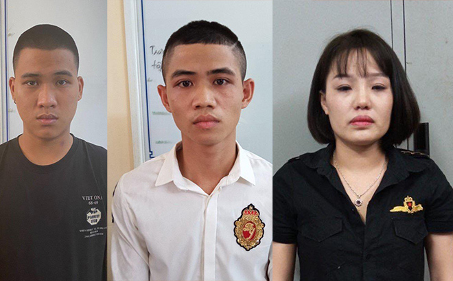 Các đối tượng Đức, Thuỷ và Tuấn tại trụ sở công an.