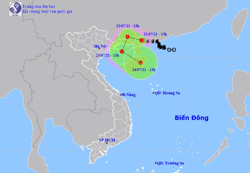 Vị trí và hướng di chuyển tiếp theo của áp thấp nhiệt đới suy yếu từ bão số 3. Ảnh: Trung tâm Dự báo KTTVQG.