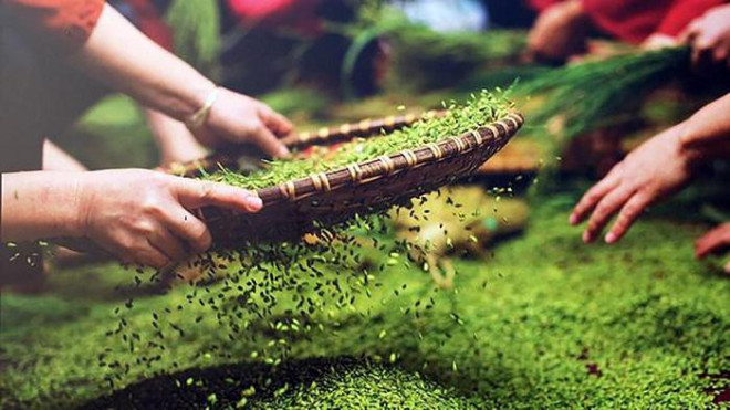 Hạt lúa non tuốt xong sẽ được đem đi rang ngay để đảm bảo cốm khi ra lò vẫn giữ độ xanh ngon. Bếp rang cũng được chuẩn bị công phu, chảo rang thường là loại làm bằng gang đúc, khi rang để lửa nhỏ, đảo liên tục sao cho nóng đều, đợi nguội rồi mới đem đi giã. Có vậy, cốm mới giữ được độ mềm dẻo, thơm ngon mà không bị cháy.