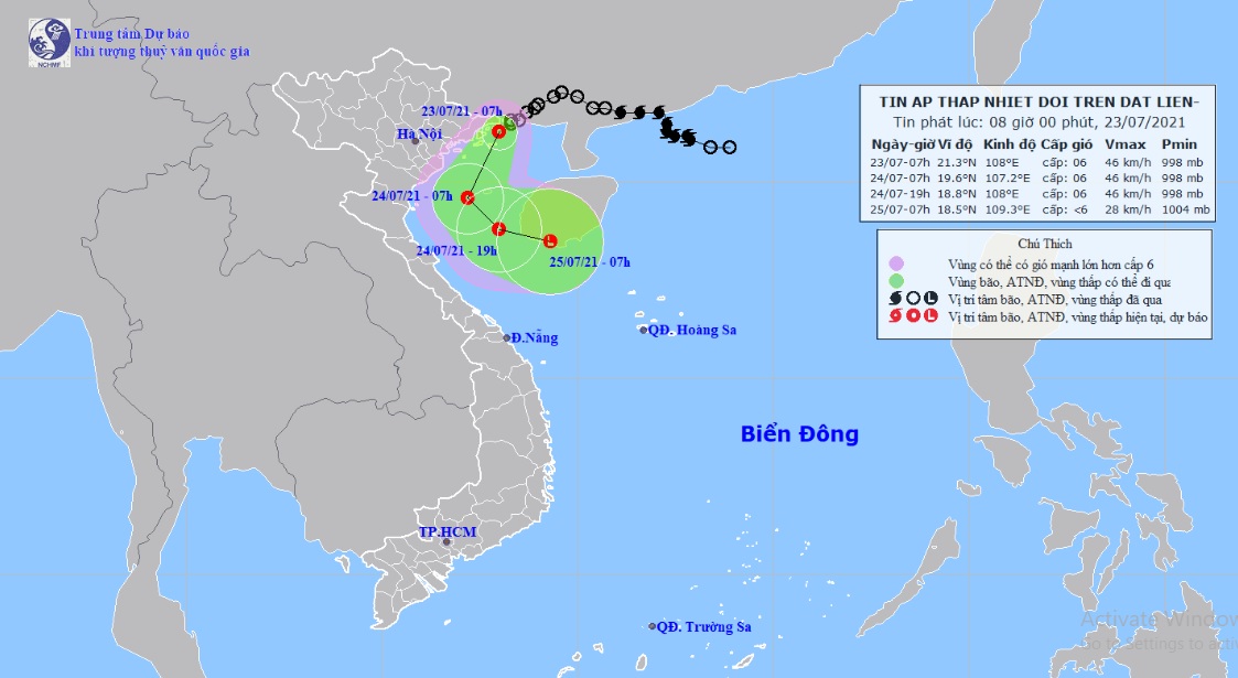 Vị trí và hướng di chuyển tiếp theo của áp thấp nhiệt đới. Ảnh: Trung tâm Dự báo KTTVQG.