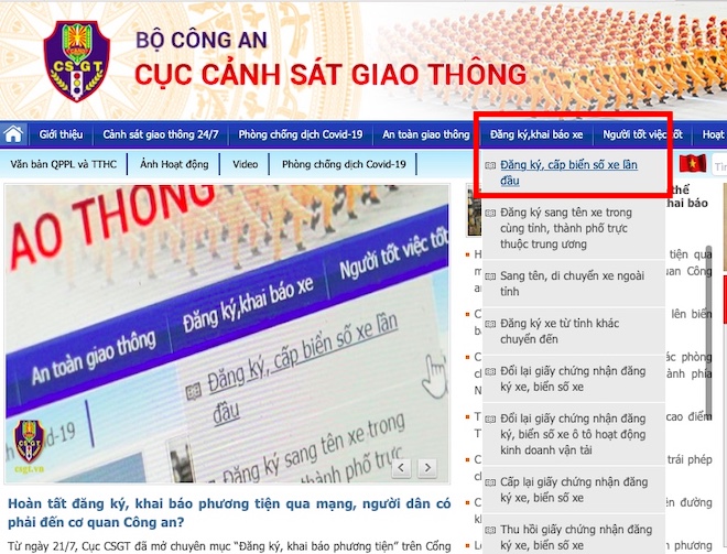 Các bước đăng ký xe lần đầu trực tuyến tại csgt.vn
