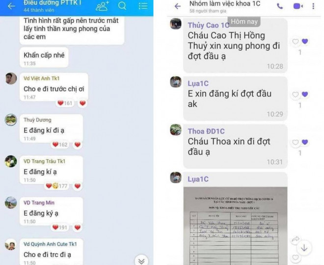 Những dòng tin nhắn đăng ký sẵn sàng vào Nam chống dịch của các y bác sĩ BV Hữu Nghị Việt Đức.