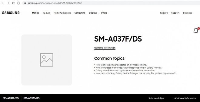Thông tin về&nbsp;Galaxy A03s xuất hiện trên trang hỗ trợ Samsung Ấn Độ.