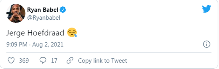 Ryan Babel lo lắng cho tính mạng của đồng đội cũ Jerge Hoefdraad