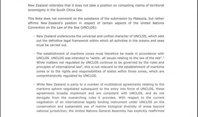 Trích công hàm New Zealand gửi lên Liên Hợp Quốc, tuyên bố ủng hộ UNCLOS. Ảnh chụp màn hình
