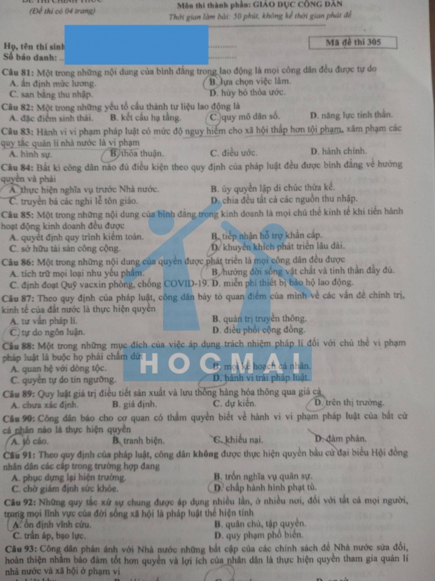 Đề thi môn Giáo dục công dân thi tốt nghiệp THPT 2021 đợt 2 - 2