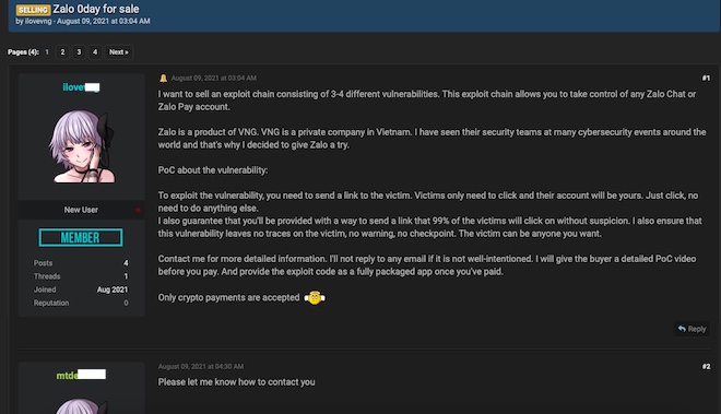 Bài đăng rao bán cách khai khác lỗ hổng 0-day của Zalo.