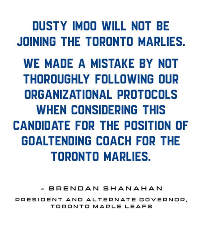 Thông báo của Toronto Marlies về việc sa thải HLV Dusty Imoo, chỉ 2 ngày sau khi bổ nhiệm