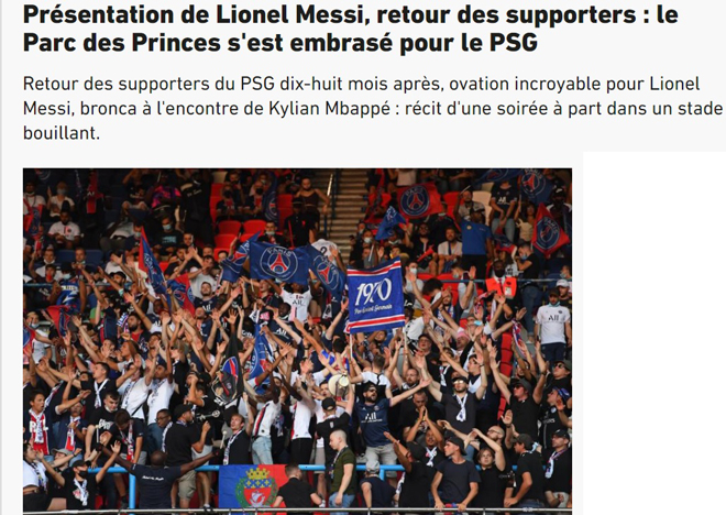 Tờ L'Equipe miêu tả sự cuồng nhiệt của cổ động viên PSG khi Messi xuất hiện