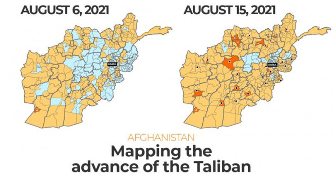 Các khu vực Taliban đã giành quyền kiểm soát (màu cam và vàng) tăng "chóng mặt" từ ngày 6-8 đến 15-8. Ảnh: AL JAZEERA