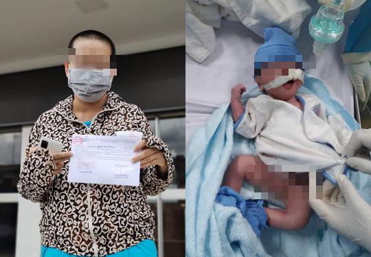 Chị T. khoe giấy xuất viện và hình ảnh con trai chị T. khi vừa chào đời ngay tại Khoa Hồi sức tích cực - chống độc người lớn của Bệnh viện Bệnh Nhiệt Đới TP HCM (Ảnh do bệnh viện cung cấp)