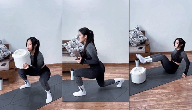 Để giữ dáng tại nhà hiệu quả, Huyền Trang bật mí một số bài tập với nồi cơm điện, thớt gỗ, sách, ghế,...