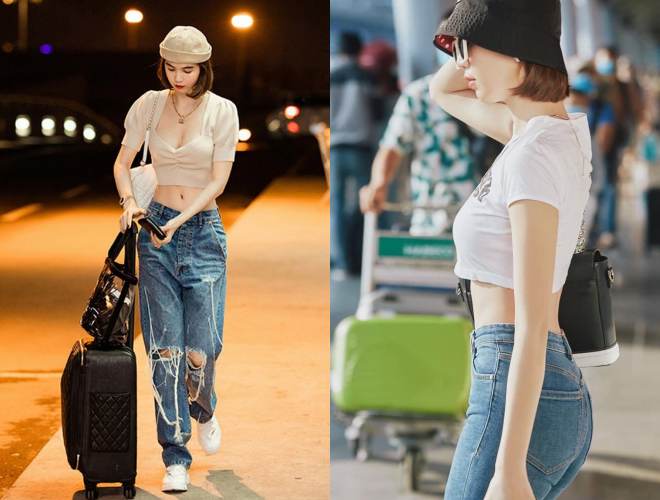 Ngoài biệt danh "nữ hoàng nội y", Ngọc Trinh còn được biết đến là "nữ hoàng sân bay" bởi phong cách thời trang sành điệu, gợi cảm. Chân dài quê Trà Vinh từng tuyên bố sân bay là sàn diễn của mình.