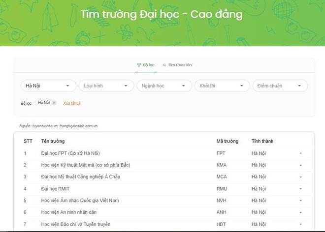 Giao diện tính năng Tìm trường Đại học - Cao đẳng trên Cốc Cốc Học tập