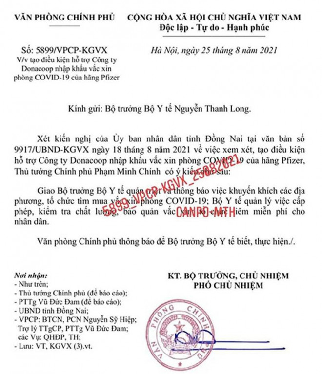 Văn phòng Chính phủ có văn bản gửi Bộ Y Tế&nbsp; truyền đạt ý kiến của Thủ tướng Phạm Minh Chính về tạo điều kiện cho Donacoop nhập khẩu vaccine phòng Covid-19. Ảnh: AX.&nbsp;