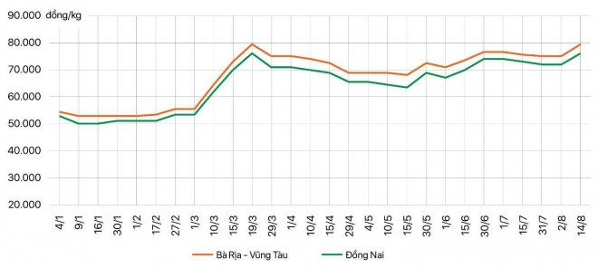 Diễn biến giá hạt tiêu đen tại tỉnh Bà Rịa – Vũng Tàu và tỉnh Đồng Nai từ đầu năm 2021 đến ngày 14/8/2021.&nbsp;(Nguồn: hiệp hội Hồ tiêu Việt Nam).