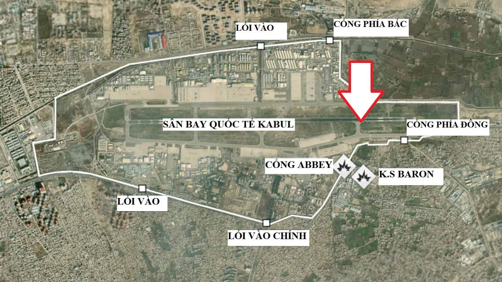 Các vụ đánh bom liều chết xảy ra ở bên ngoài cổng Abbey của sân bay quốc tế Kabul và khách sạn Baron gần đó (hướng mũi tên đỏ). Ảnh: Sky News (đã Việt hóa)