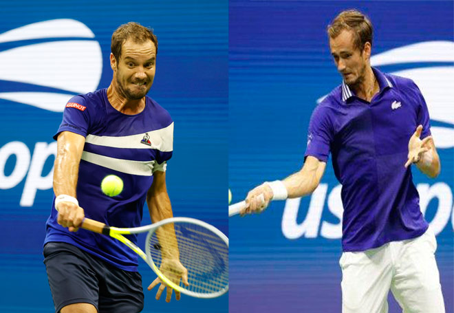 Daniil Medvedev (phải) chứng tỏ đẳng cấp của hạt giống số 2 đơn nam ở trận ra quân tại US Open năm nay khi tái đấu lão tướng Richard Gasquet