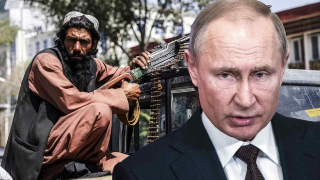 Một chiến binh Taliban (trái) và Tổng thống Nga Vladimir Putin. Ảnh: AP