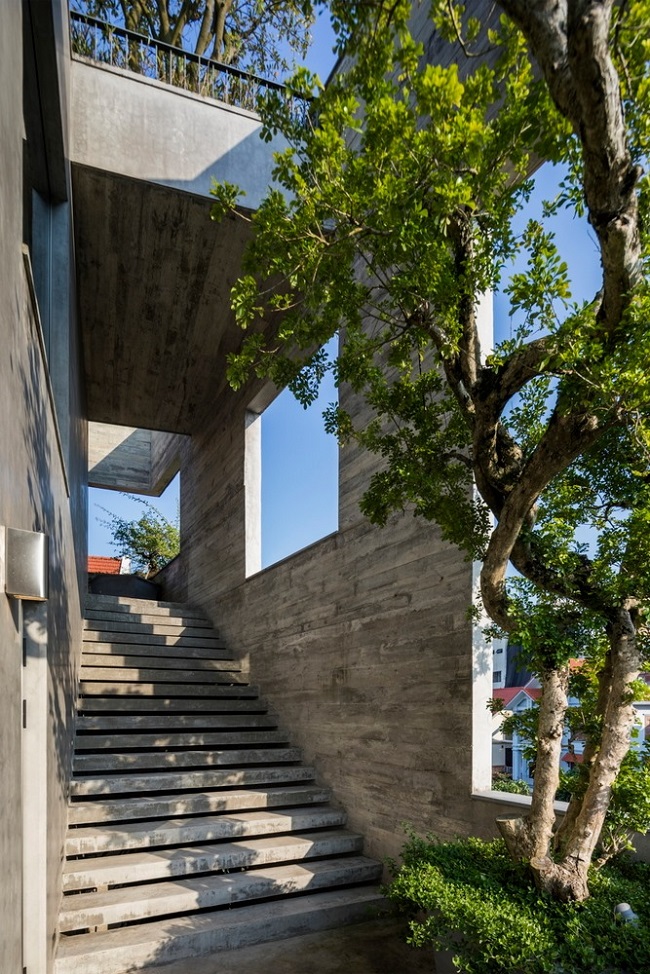 Cầu thang xoắn ốc kết nối các không gian bán ngoại thất với nhau. Đó là không gian từ bên ngoài vào bên trong, từ mặt đất đến mái nhà, thông qua một cửa sổ lớn và nhiều cây xanh để có thể cảm nhận được thiên nhiên xung quanh thật đẹp và đáng trân trọng biết bao. (Ảnh: Hiroyuki Oki)
