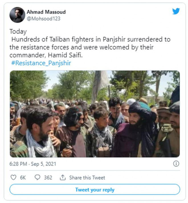 Lãnh đạo phe kháng chiến chống Taliban tại thung lũng Panjshir, ông Ahmad Massoud thông báo đã bắt giữ hàng trăm tay súng Taliban. Ảnh: TWITTER