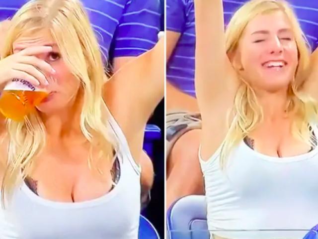 Thể thao - Cô gái mặc hớ hênh "vòng 1" chiếm sóng US Open, tu 1 hơi hết cốc bia đầy