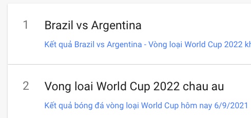 Top 2 chủ đề nổi bật trong ngày 5/9 đều liên quan bóng đá, trong đó 'Brazil vs Argentina' đứng đầu với hơn 50.000 lượt truy vấn.