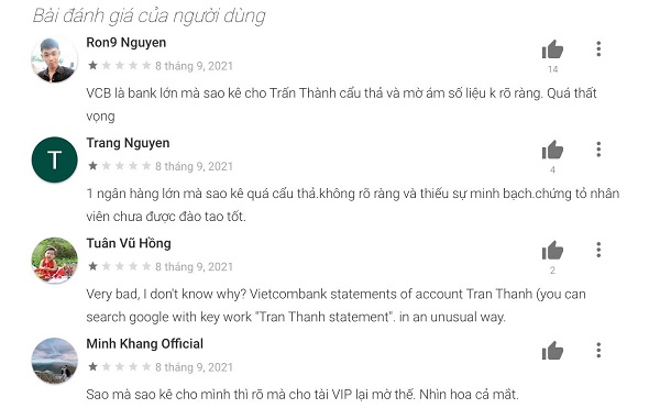 Đánh giá của người dùng với ứng dụng ngân hàng Vietcombank