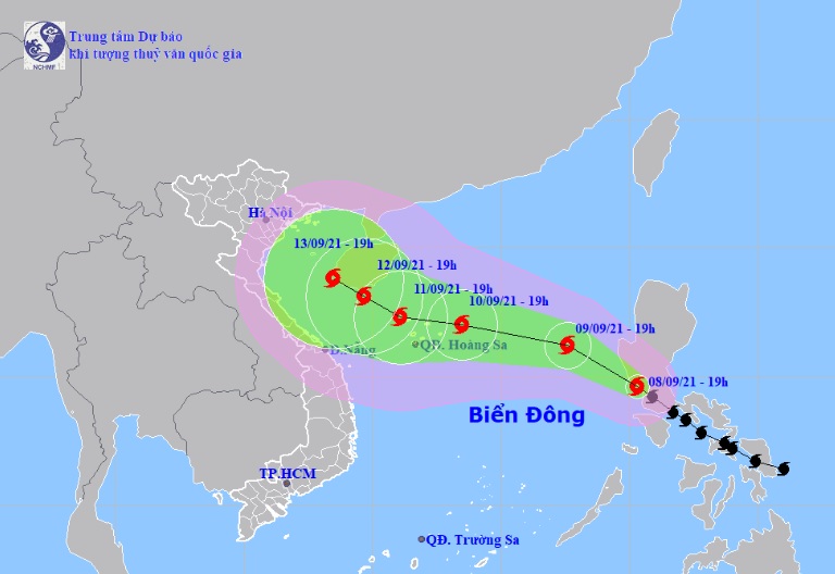 Vị trí và hướng di chuyển tiếp theo của bão Côn Sơn. Ảnh: Trung tâm Dự báo KTTVQG.