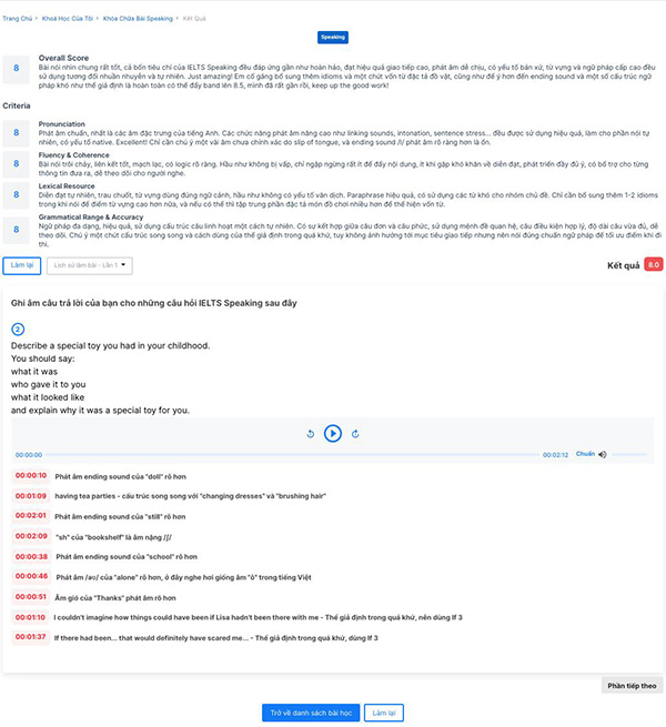 Một ví dụ bài Speaking được "chữa từng giây nói" với nền tảng Prep 