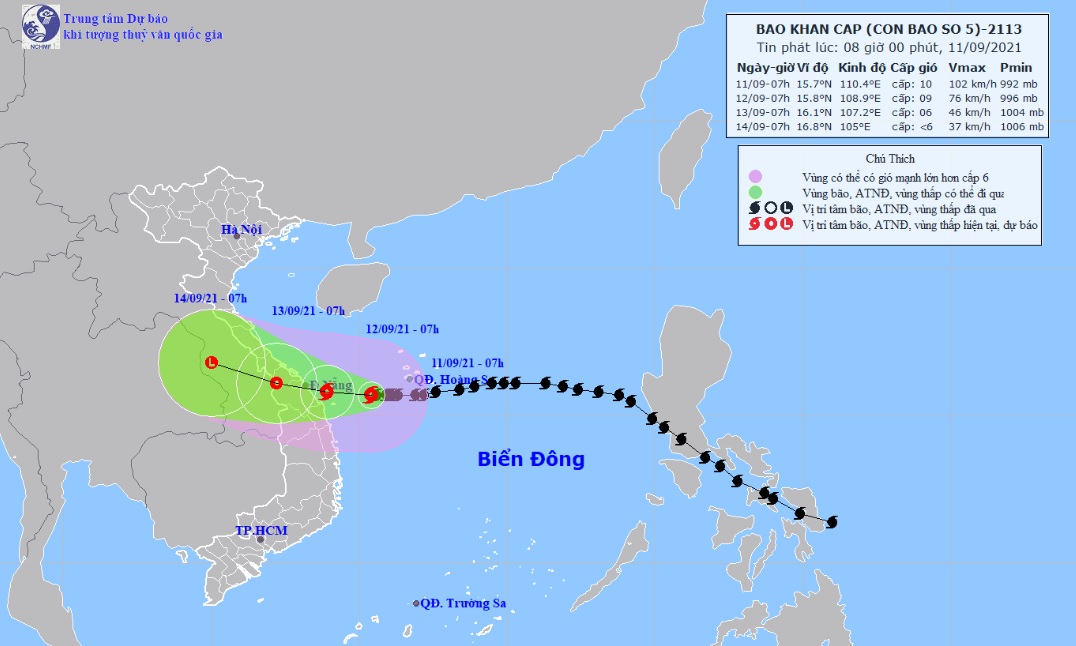 Vị trí và hướng di chuyển tiếp theo của bão số 5 Côn Sơn. Ảnh: Trung tâm Dự báo KTTVQG.