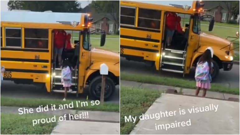 Cô gái khiếm thị tự mình lên xe buýt đi học trong video lan truyền trên TikTok.&nbsp;(Ảnh: Twitter)