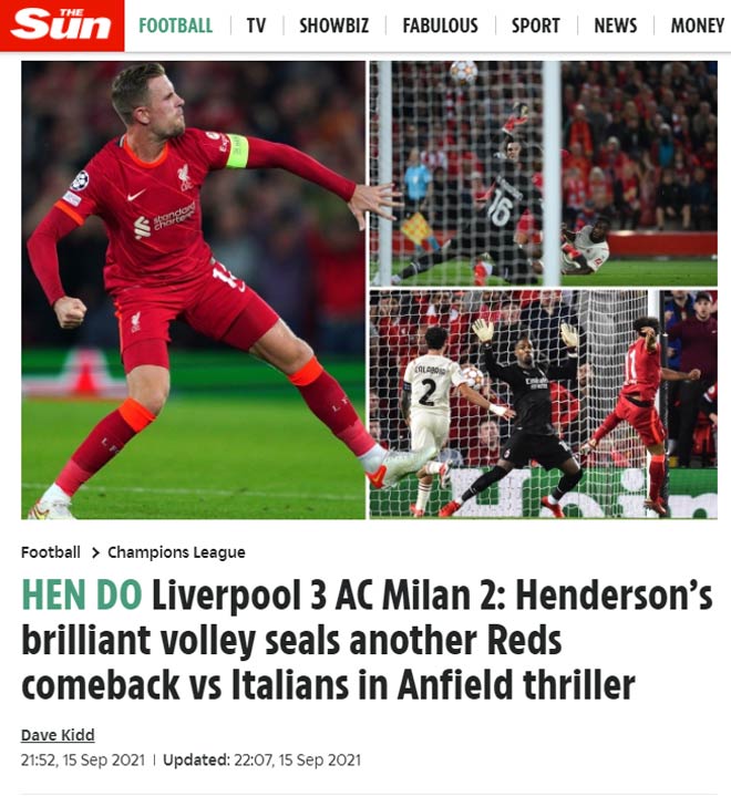 Tờ The Sun ngợi ca Jordan Henderson với cú vô-lê đẳng cấp và nhớ lại kỷ niệm ở trận chung kết Champions League năm 2005 giữa Liverpool và AC Milan