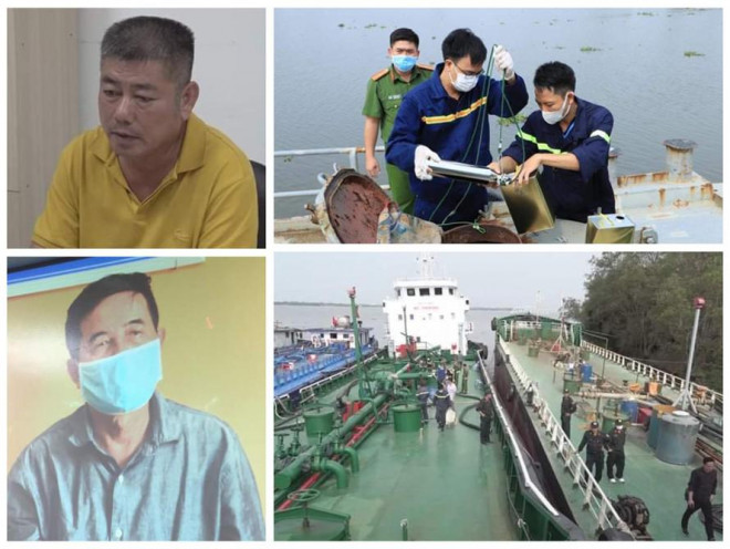 Hai ông trùm Nguyễn Hữu Tứ (góc trên bên trái) và Phan Thanh Hữu (góc dưới bên trái) cùng tàu chở xăng lậu bị bắt giữ
