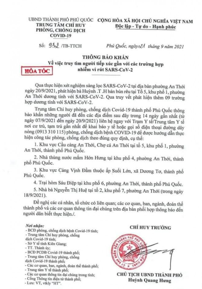 Văn bản hỏa tốc của Chủ tịch UBND TP Phú Quốc