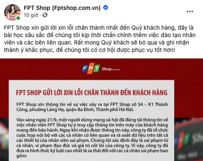 FPT Shop thông tin vụ việc trên Fanpage. Ảnh:DT