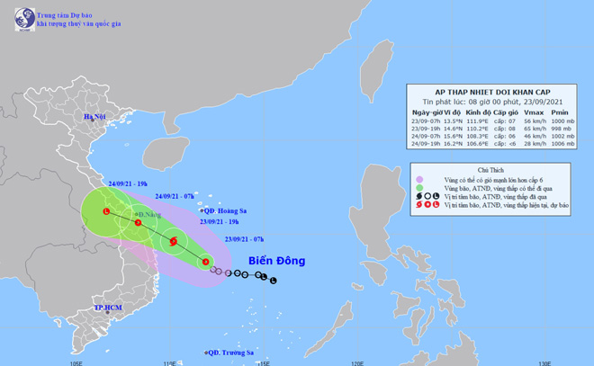 Vị trí và hướng di chuyển tiếp theo của áp thấp nhiệt đới trên Biển Đông. Ảnh: Trung tâm Dự báo KTTVQG.